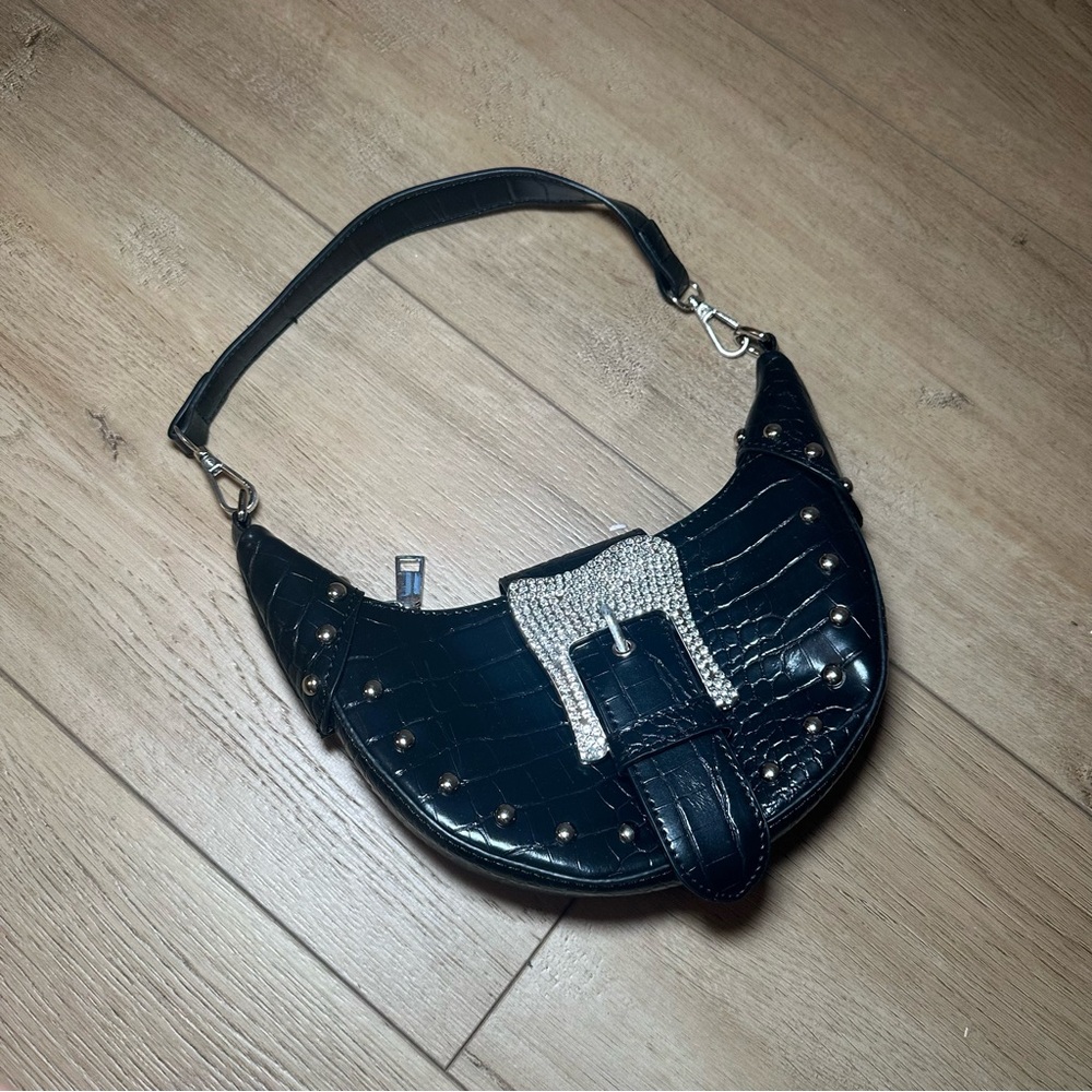 Black Croc-Embossed Shoulder Bag with Silver Accents